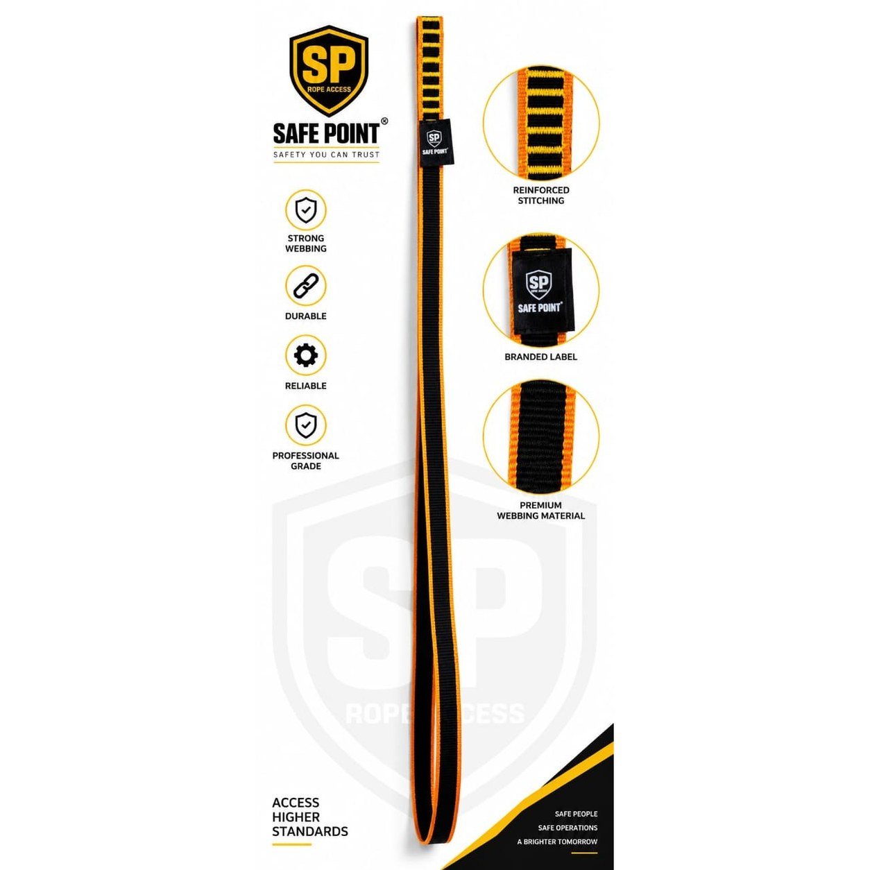 Safe Point adjustable foot loop showing reinforced stitching, branded label and webbing