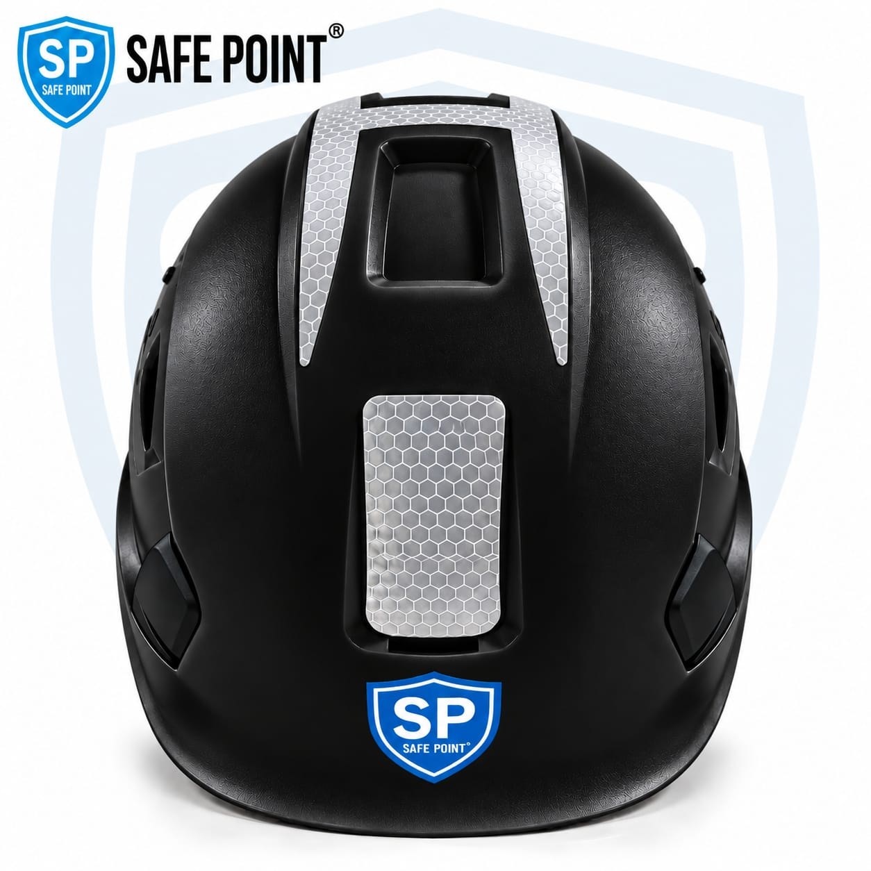 Safe Point vented industrial safety helmet in black, front view with reflective panels