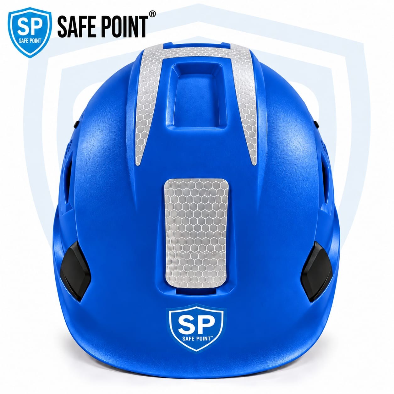 Safe Point vented industrial safety helmet in blue, front view with reflective panels