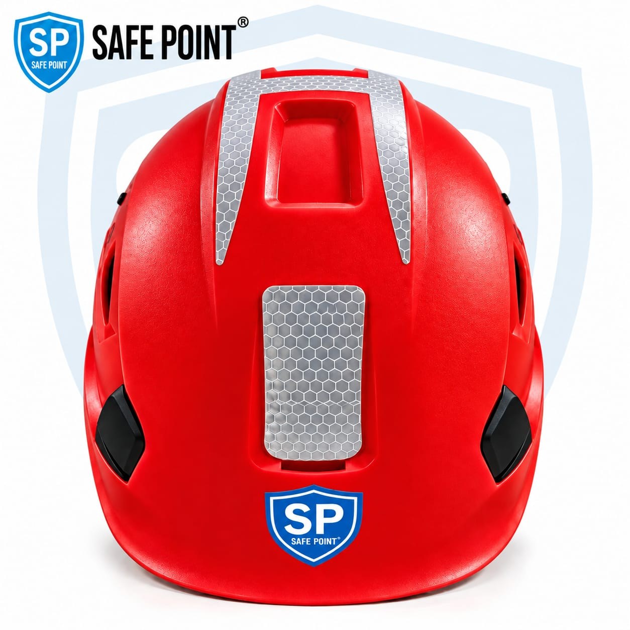 Safe Point vented industrial safety helmet in red, front view with reflective panels