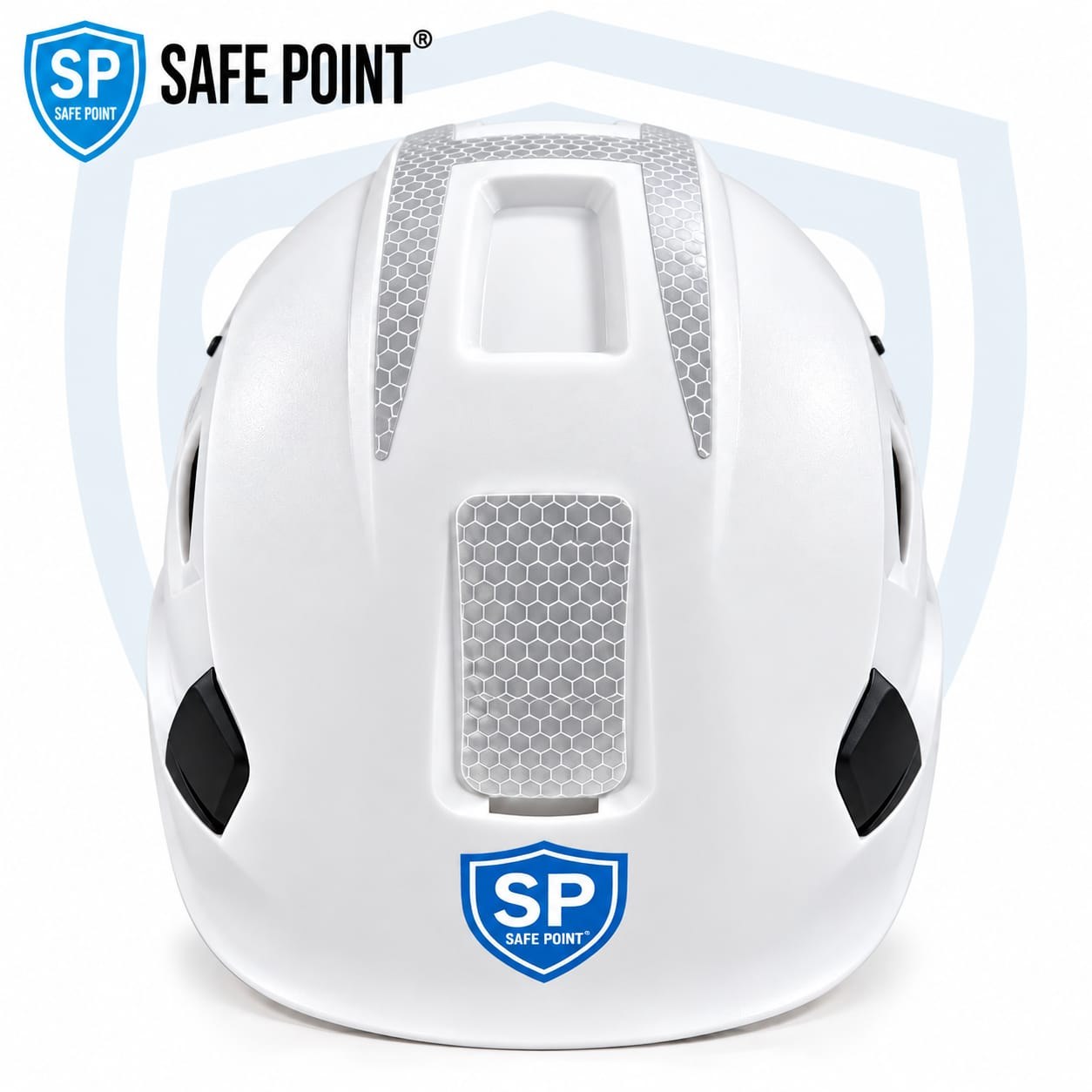 Safe Point vented industrial safety helmet in white, front view with reflective panels
