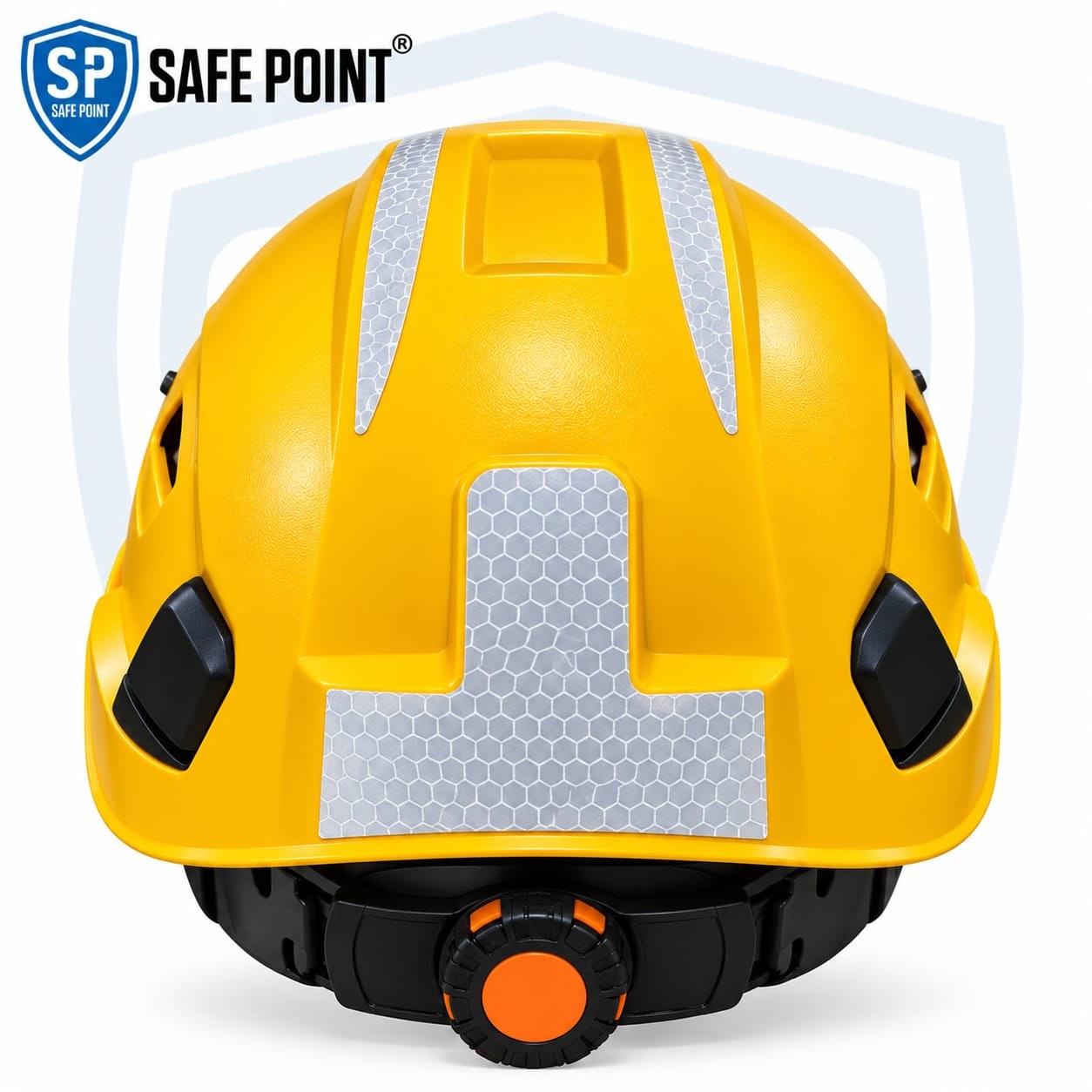 Safe Point vented safety helmet in yellow, rear view with ratchet size adjuster