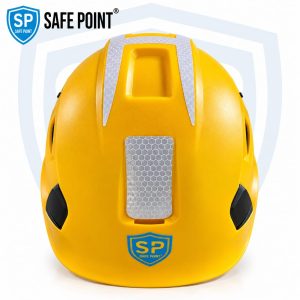 Safe Point vented industrial safety helmet in yellow, front view with reflective panels