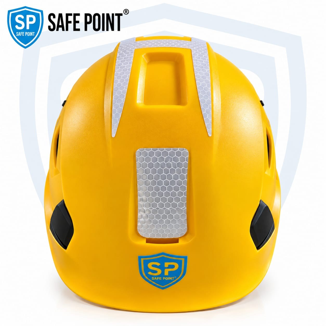 Safe Point vented industrial safety helmet in yellow, front view with reflective panels