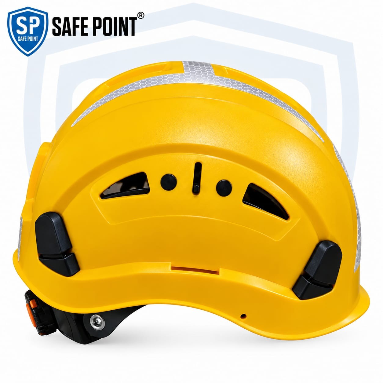 Safe Point vented safety helmet in yellow, side view showing vents and rear ratchet